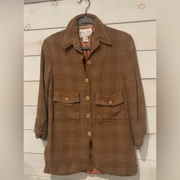 Oscar de la Renta Brown Plaid Blazer, button down in size 6 - Picture 1 of 16